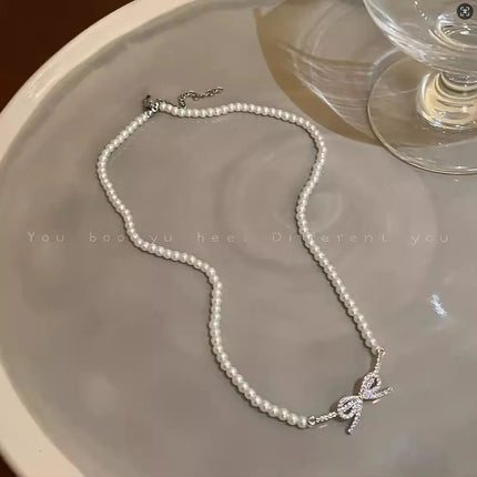 Pearl Chain Choker Necklace for Women Mini Bowknot - FASHION SHEGOODS LLC