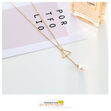 Hollow Triangle Pearl Lariat Necklace