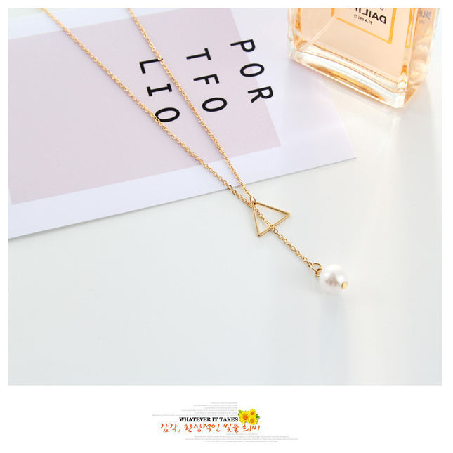 Hollow Triangle Pearl Lariat Necklace