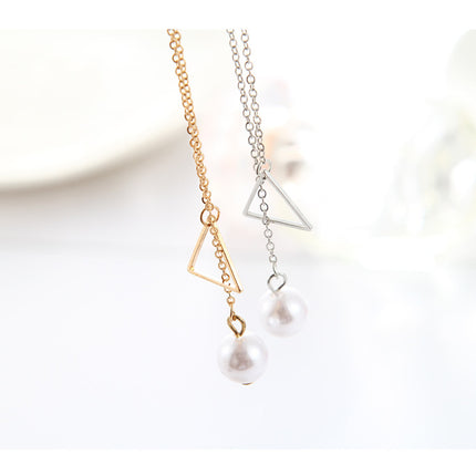 Hollow Triangle Pearl Lariat Necklace