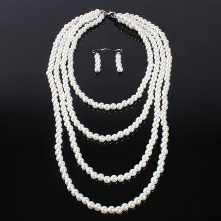 Pearl Necklace Earring Set Multilayer Strand Chain Faux Pearls Jewelry Set