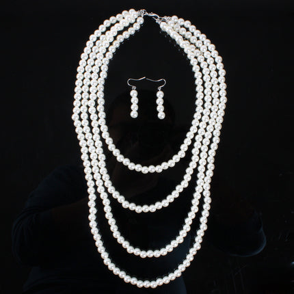 Pearl Necklace Earring Set Multilayer Strand Chain Faux Pearls Jewelry Set