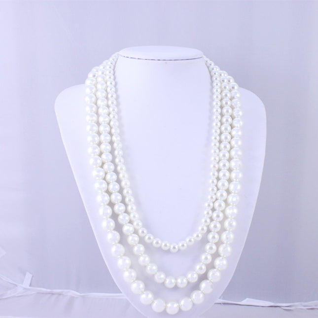 Vintage Pearl Necklace Creamy White 3 Strand Statement Necklace Layered