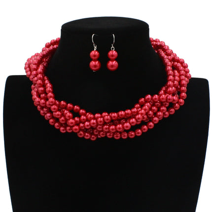 Multilayer Imitation Pearl Earhook Beaded Necklace Short Jewelry Set - FASHION SHEGOODS LLC