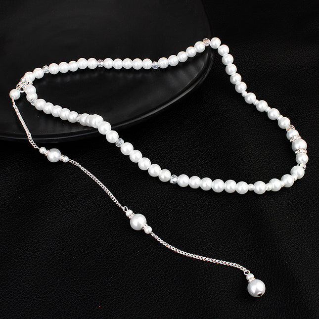 long pearl pendant fringe necklace back body chain