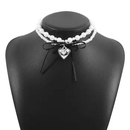 Goth Black Ribbon Bow Heart Pendant Necklace - FASHION SHEGOODS LLC