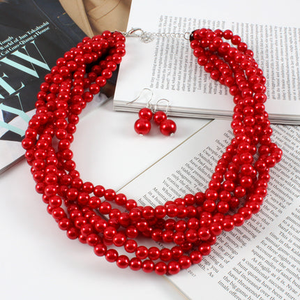 Multilayer Imitation Pearl Earhook Beaded Necklace Short Jewelry Set - FASHION SHEGOODS LLC