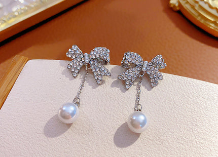Crystal Rhinestone Bow Pearl Drop Stud Earrings