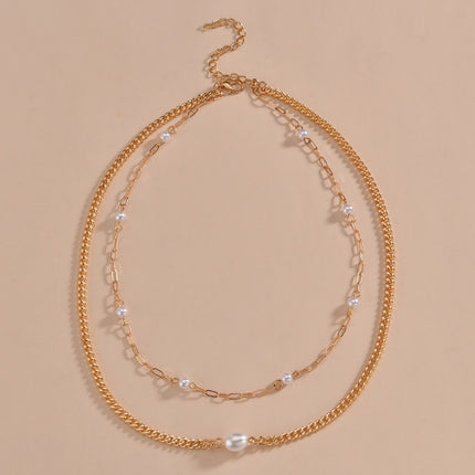 Plain Chain Layer Faux Pearl Choker Jewelry Necklace