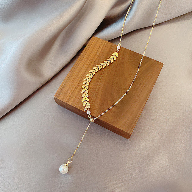 Three-piece Wheat Pearl Necklace Earrings Bracelet Set Jewelry