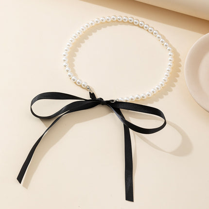 Long Bow Collarbone Chain Necklace DIY Lace up Velvet Pearl Necklace - FASHION SHEGOODS LLC