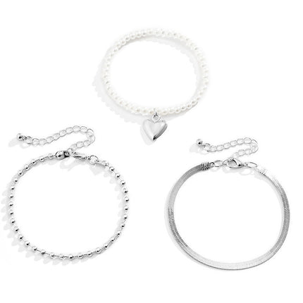 Heart Charms Pearl Beaded Bracelet Set