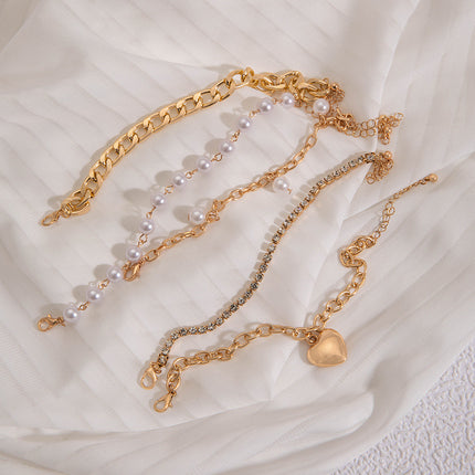 Pearl Beads Layered Bracelet Set Love Heart Pendant