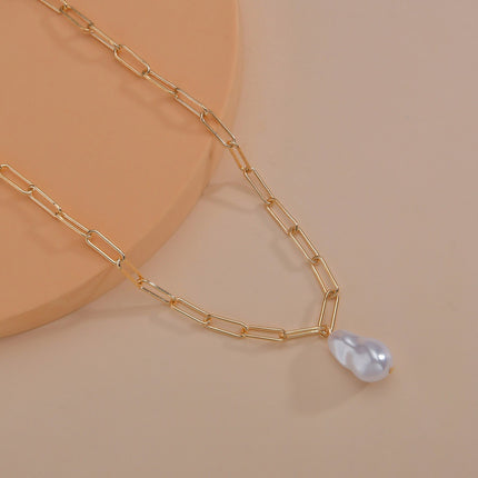 Paper Clip Chain Necklace Baroque Large Pearl Pendant - FASHION SHEGOODS LLC