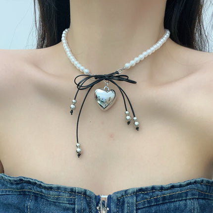 Heart Pendant White Imitation Pearl Bow Ribbon Choker Necklace for Women - FASHION SHEGOODS LLC