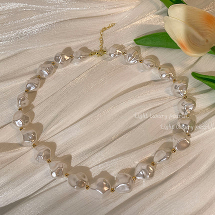 Irregular Baroque Pearl Beaded Necklace for Women Gold Pleated OT Clasp Choker - FASHION SHEGOODS LLC
