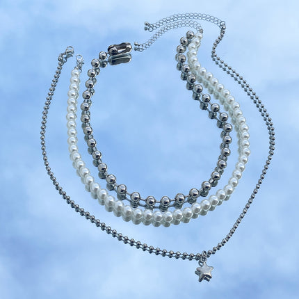 Punk Sweet Cool Multi-layer Pearl Beaded Necklace Star Pendant