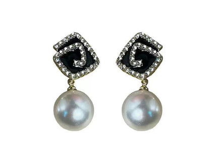 Geometric Square Black Enamel Pearl Earrings