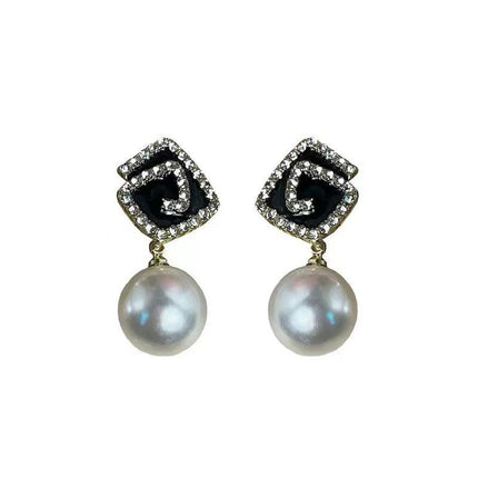 Geometric Square Black Enamel Pearl Earrings - FASHION SHEGOODS LLC