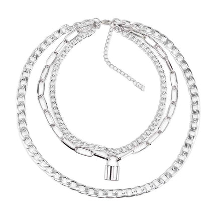 Layered Chain Necklace Neck Chains Lock Pendant Jewelry - FASHION SHEGOODS LLC