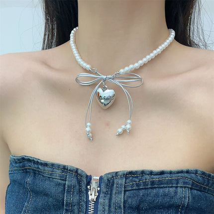 Heart Pendant White Imitation Pearl Bow Ribbon Choker Necklace for Women - FASHION SHEGOODS LLC