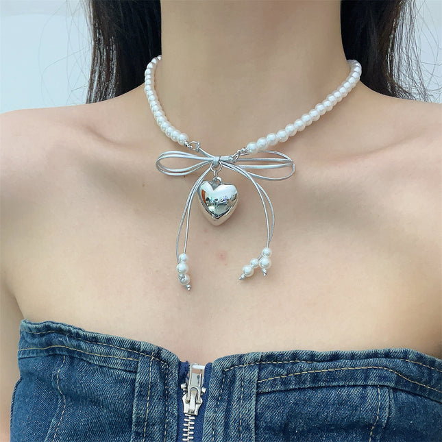 Heart Pendant White Imitation Pearl Bow Ribbon Choker Necklace for Women - FASHION SHEGOODS LLC