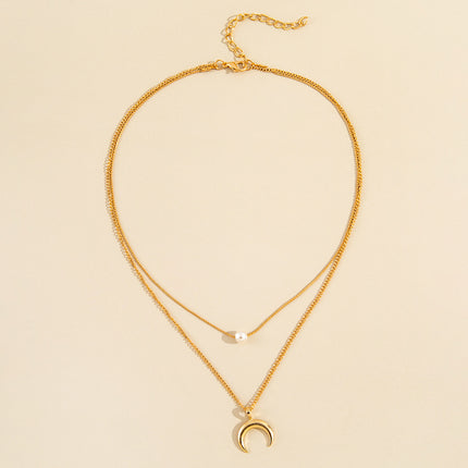 Double Layer Crescent Pearl Pendant Necklace