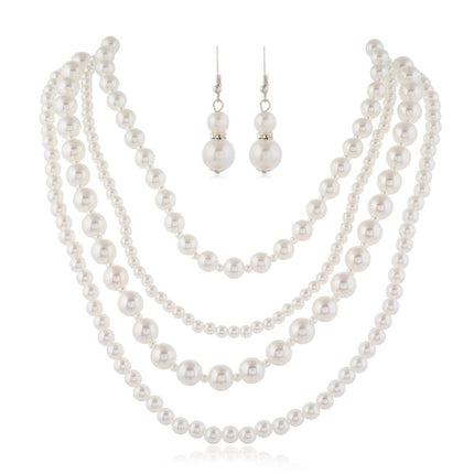 Multi Layers Long Pearl Necklace Earrings Set for Women - FASHION SHEGOODS LLC