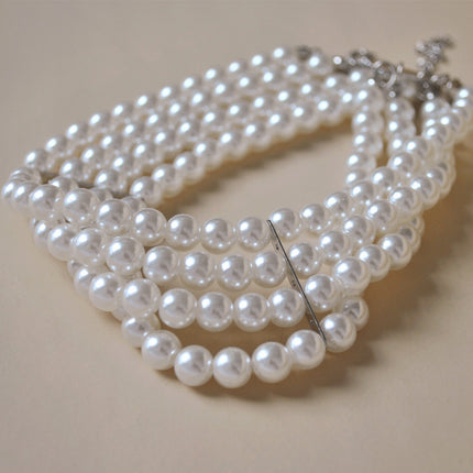 Round Imitation Pearl Choker Necklace Multi Strands