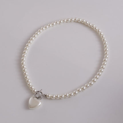 Glass Pearl Love Pendant Necklace with Clavicle Chain - FASHION SHEGOODS LLC
