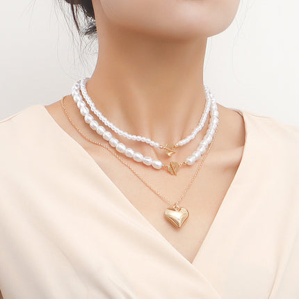 Multi-layer Pearl Necklace Exaggerated Double Layer Gold Heart Pendant Necklace - FASHION SHEGOODS LLC