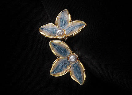 Elegant Blue Tone Enamel Daisy Faux Pearl Stud Earrings
