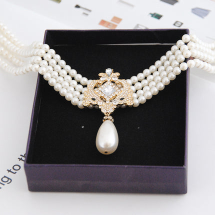 Multi-layered Pearl Necklace Exaggerated Rhinestone Sweet Bride Necklace - FASHION SHEGOODS LLC
