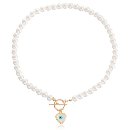 Pearl Beads Chain Necklace Blue Turquoise Heart Pendant Choker - FASHION SHEGOODS LLC
