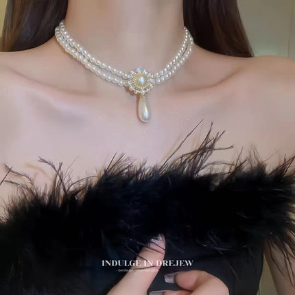 Double Layer Chain Choker  Water Drop Pendant Necklace Set