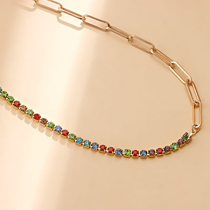 Paper Clip Chain with Colorful Zirconia Tennis Necklace - FASHION SHEGOODS LLC