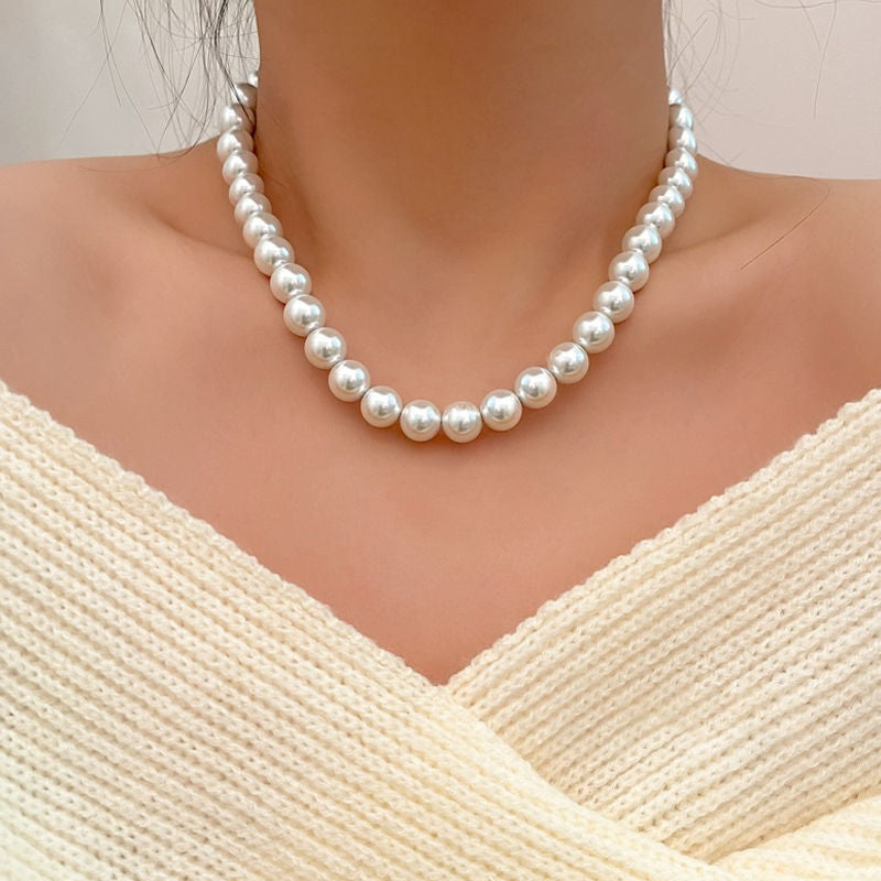 17" Hand-Knotted Faux Pearl Necklace – White Graduated Glass Beads, Alloy, Unbranded