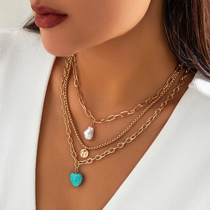 Women Ethnic Baroque Pearl Necklace Set Vintage Turquoise Heart Necklace