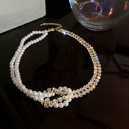 Pearl Crystal Short Chain Rhinestone Statement Necklace