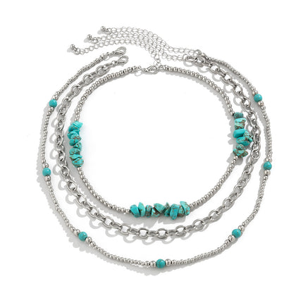 Boho Layered Cuben Chain Turquoise Natural Stone Beads Necklace
