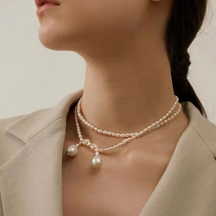 Vintage Long Glass Oval Pearl Necklace with Small Pearls
