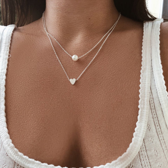 Sweet Double Layer White Pearl Heart Pendant Chain Necklace