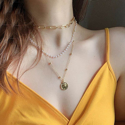 Portrait Round Pendant Bead Chain Necklace