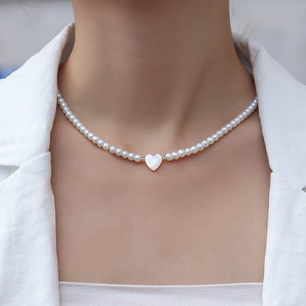 Fashion Shell Heart Imitation Pearls Necklace Handmade Pearl Beaded Choker Necklace