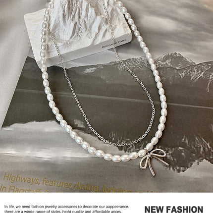 Double Layer Pearl Necklace Women Bow Necklace