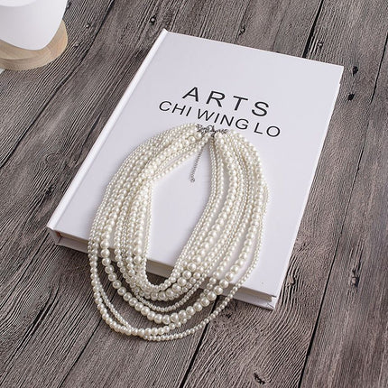 8 Layers Strand Simulated Pearl Strand Bib Necklace Choker Chain Necklace