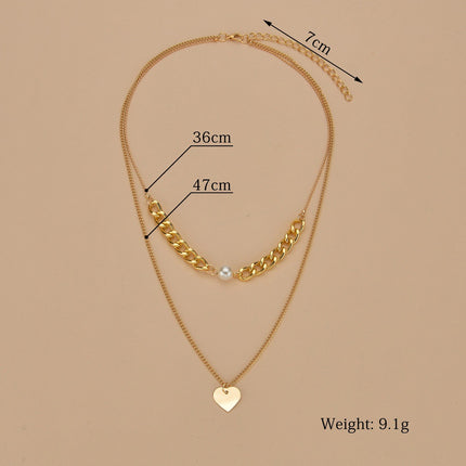 Double Layers Chain Heart Pearl Pendant Necklace