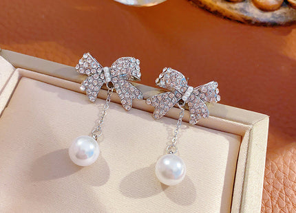 Crystal Rhinestone Bow Pearl Drop Stud Earrings