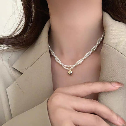 Multi Layer Pearl Necklace Luxury Wrapping Heart Pendant Chain Choker for Women - FASHION SHEGOODS LLC