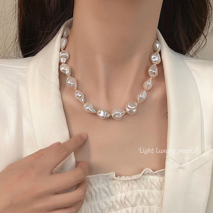 Irregular Baroque Pearl Beaded Necklace for Women Gold Pleated OT Clasp Choker - FASHION SHEGOODS LLC